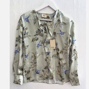 ELIE Tahari Green Floral Satin Blouse Tie Neck Ruffle Size S NWT